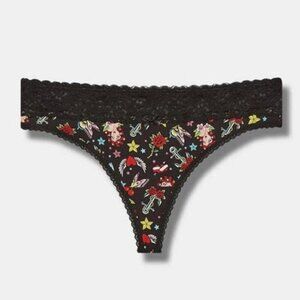 Torrid - Cotton Mid-Rise Thong Panty in Star Girl Tattoo Rich Black​​​